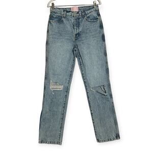 Revice High Rise Button Fly Straight Leg Jeans SIZE 28 x 30 Destroyed Blue